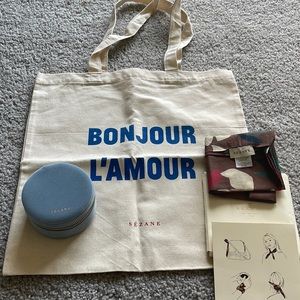 Sézane accessories- tote bag, jewelry box, and scarf/handkerchief